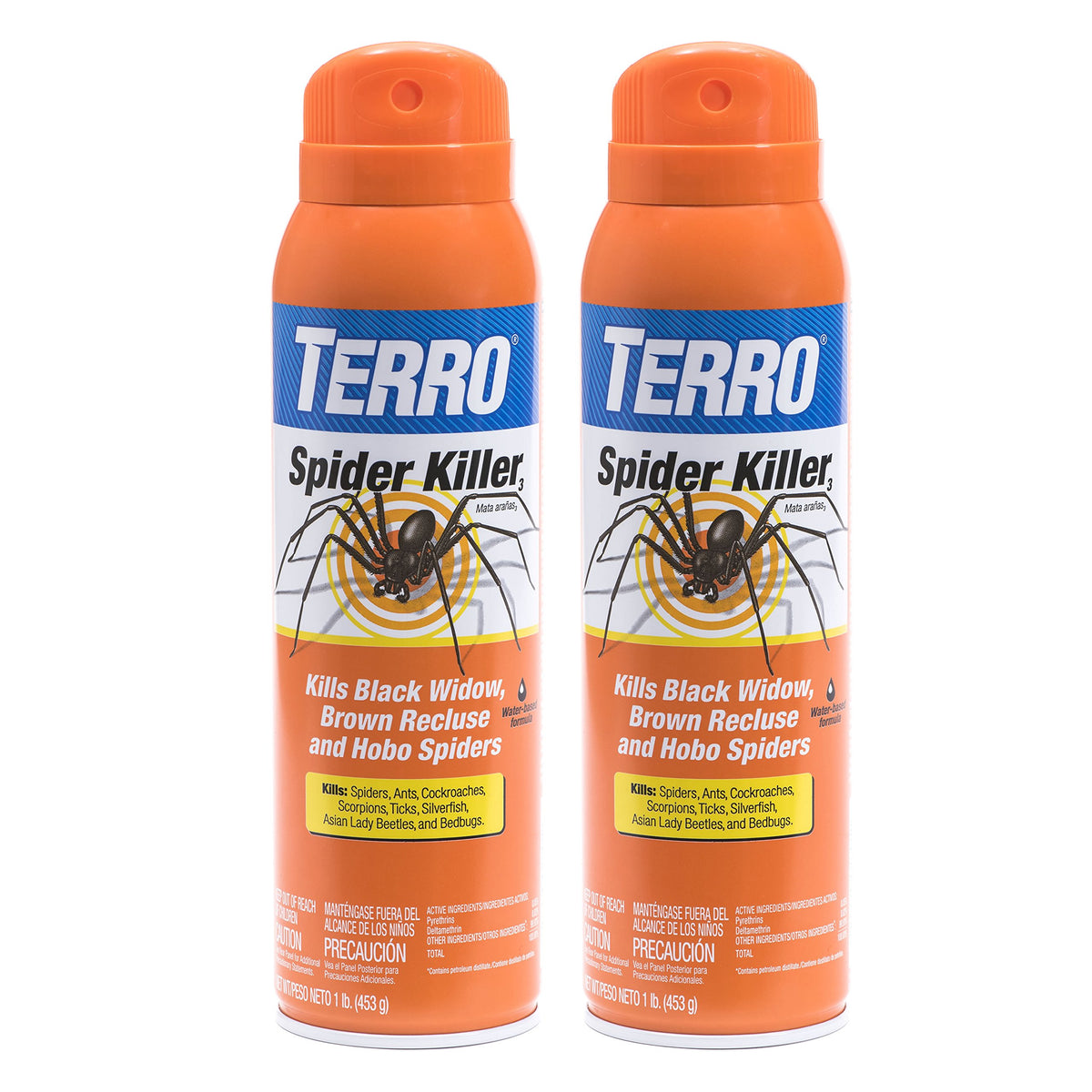 Terro two-pack aerosol cans front view showing label and capacity benefit