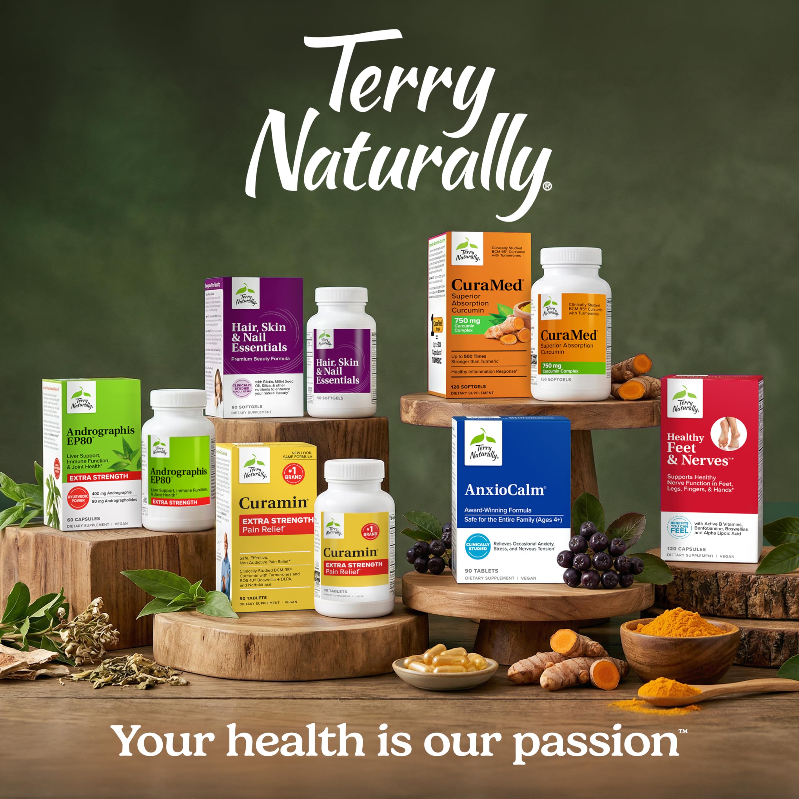 Terry Naturally CuraMed ingredient diagram illustrating curcumin complex absorption benefits