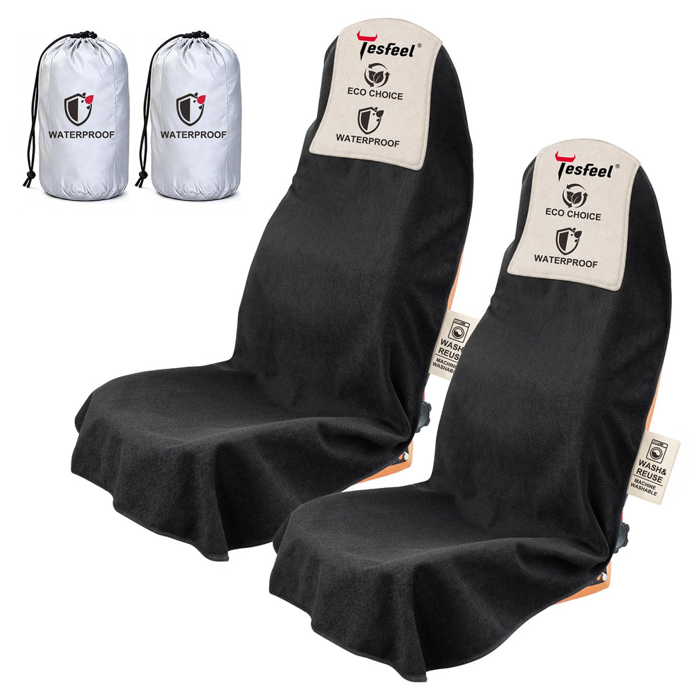 TESFEEL front packaging view showing two black seat towels and bag benefit: quick grab-and-go
