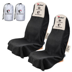 TESFEEL front packaging view showing two black seat towels and bag benefit: quick grab-and-go