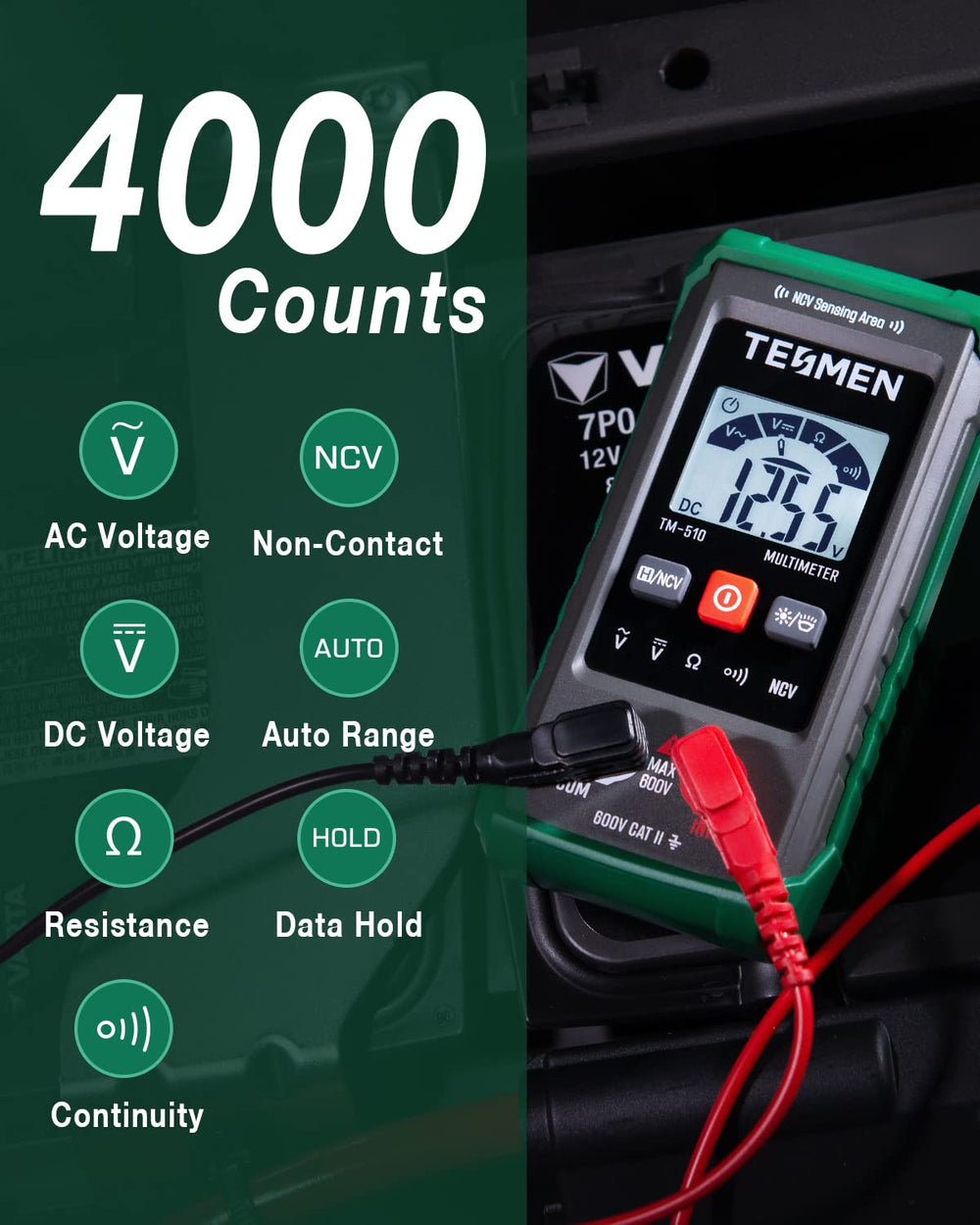 TESMEN TM-510 backlit display illuminated, aiding measurements in low light