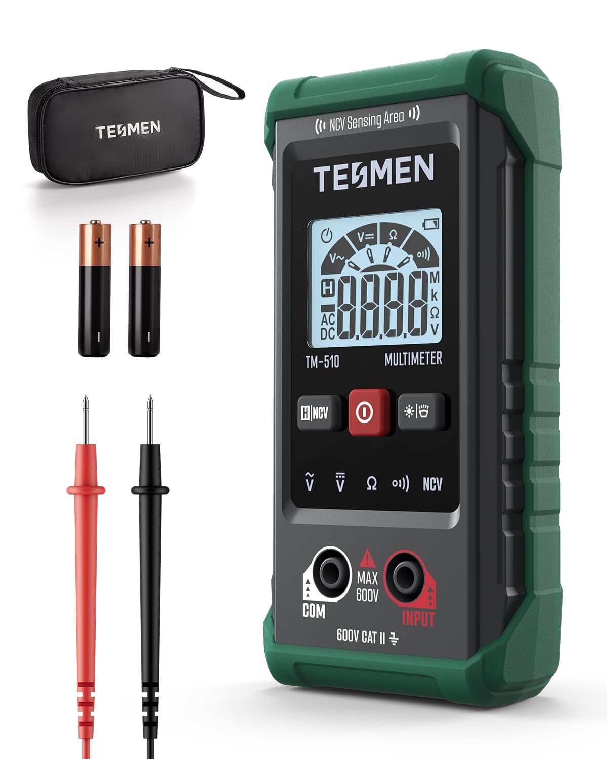 TESMEN TM-510 front view showing dial and screen, clear controls for quick readings