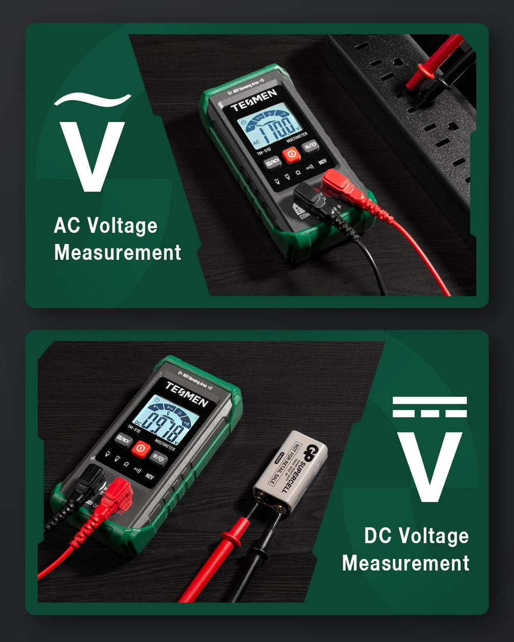 TESMEN TM-510 testing a car battery, useful for automotive troubleshooting