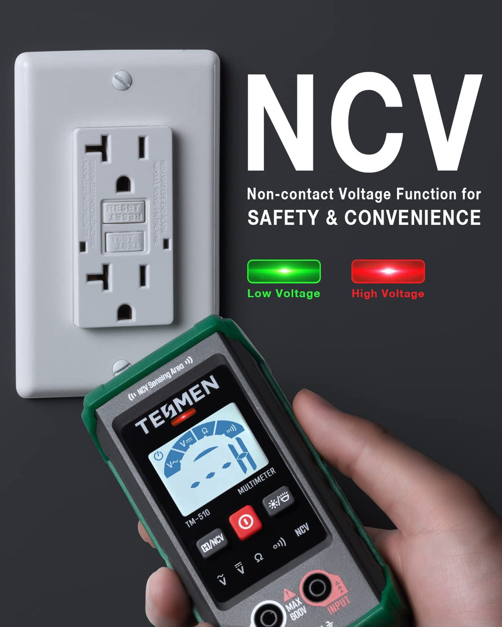 TESMEN TM-510 non-contact voltage sensor close-up, detects live wires safely