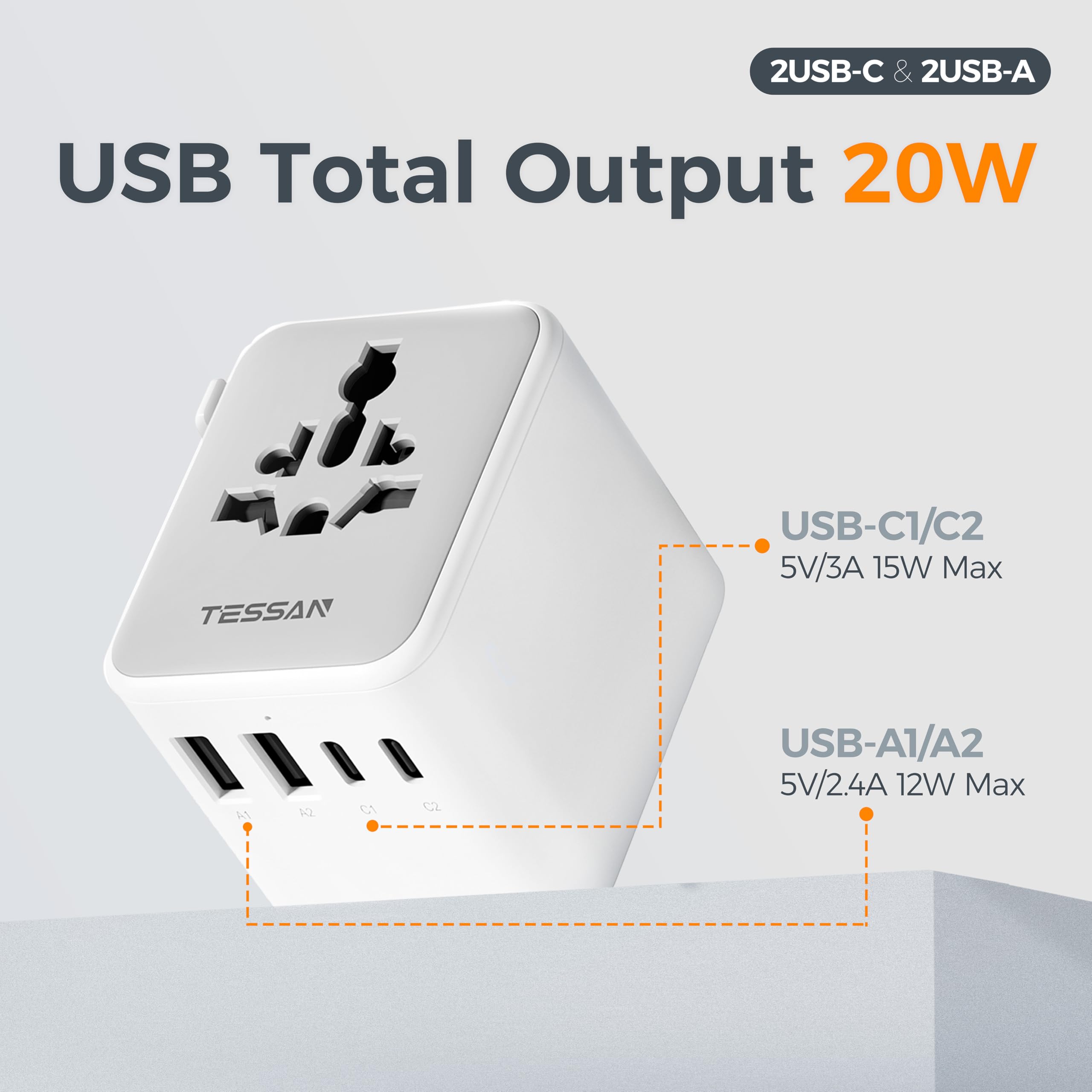TESSAN universal AC outlet detail enabling multi‑country device connection