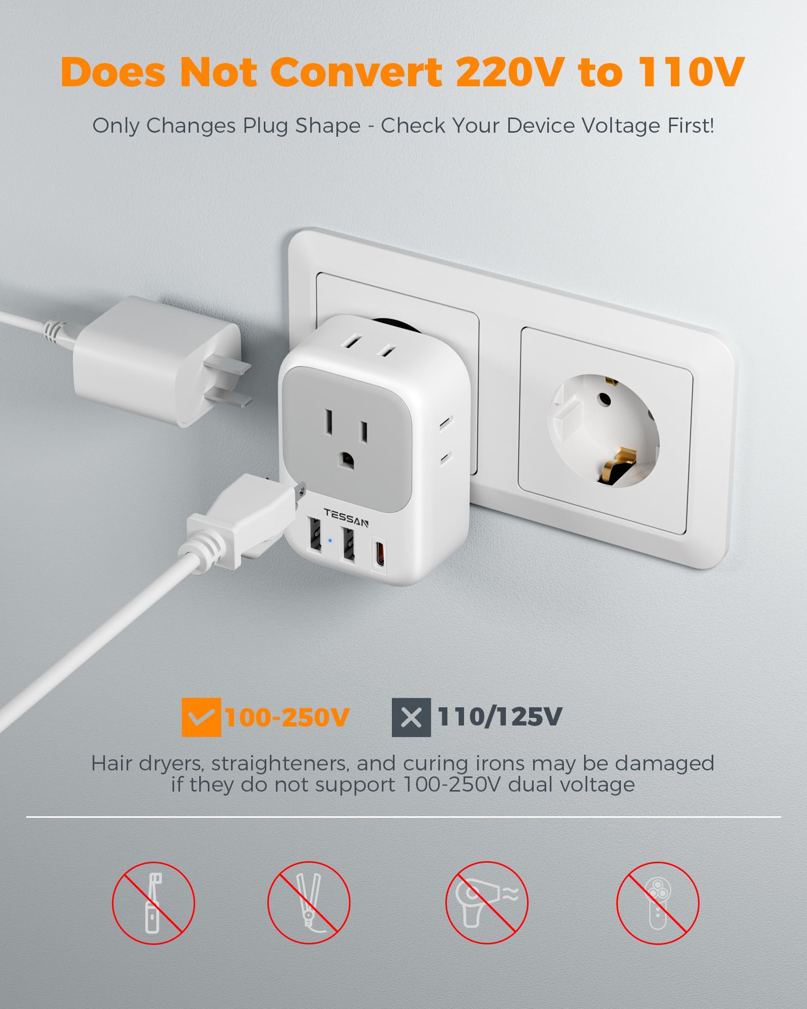 TESSAN close-up of four AC outlets showing space to plug multiple devices at once