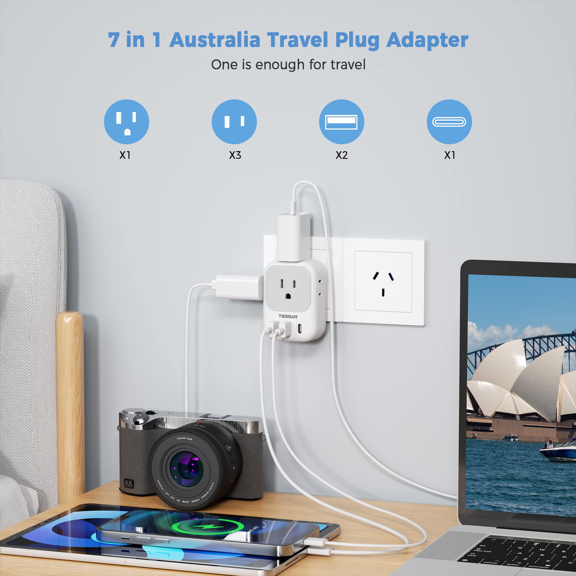 TESSAN adapter packed in suitcase demonstrating portability and packing benefit