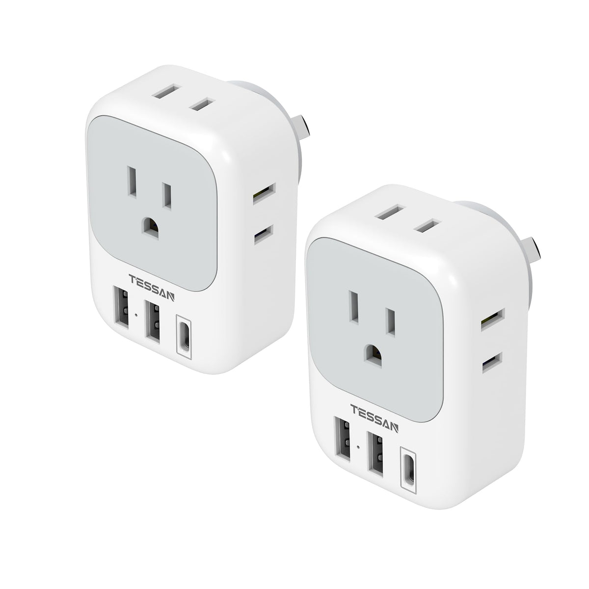 TESSAN adapter front view showing outlets and compact design for travel convenience