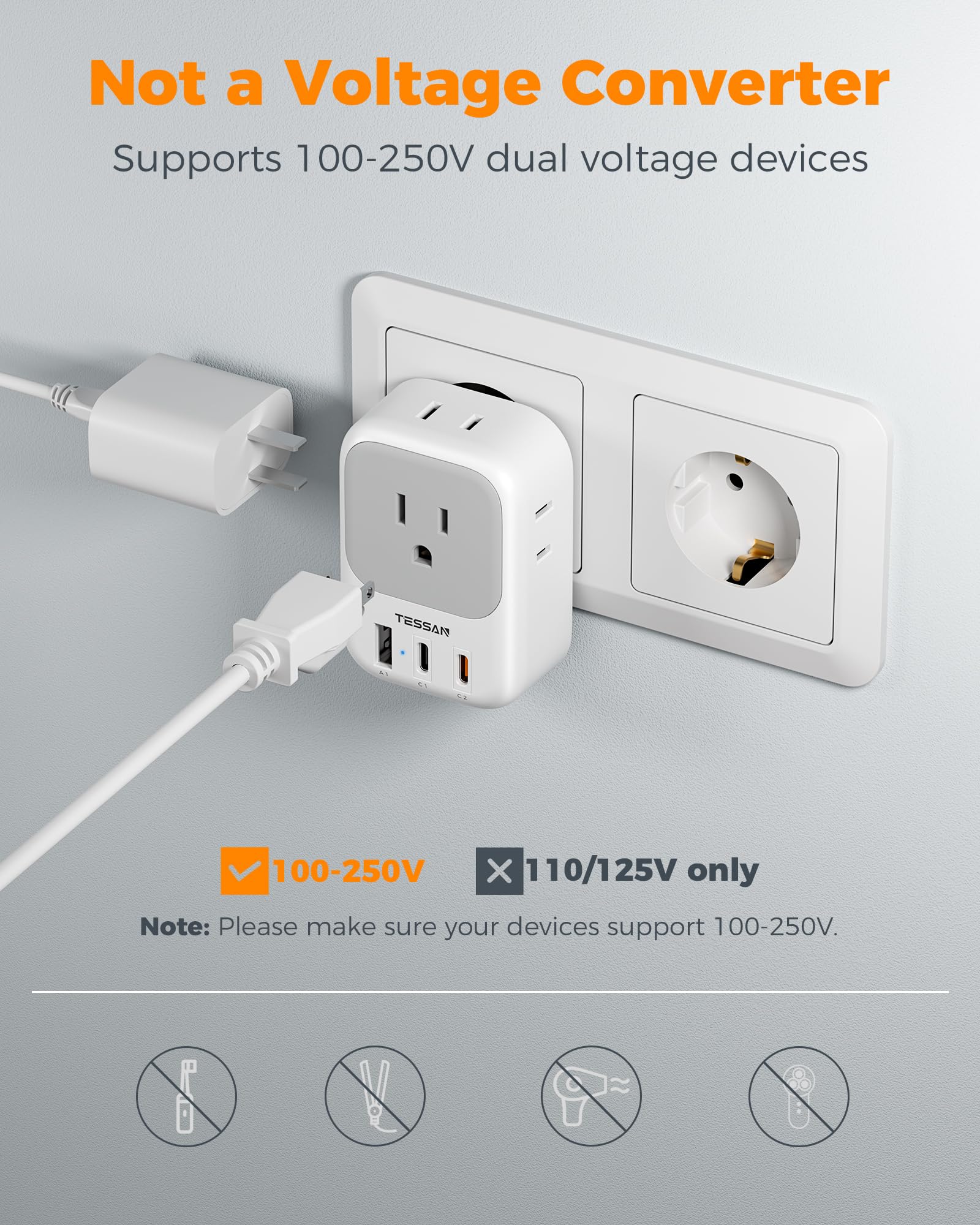 TESSAN closeup of four US outlets and three USB ports for multitasking