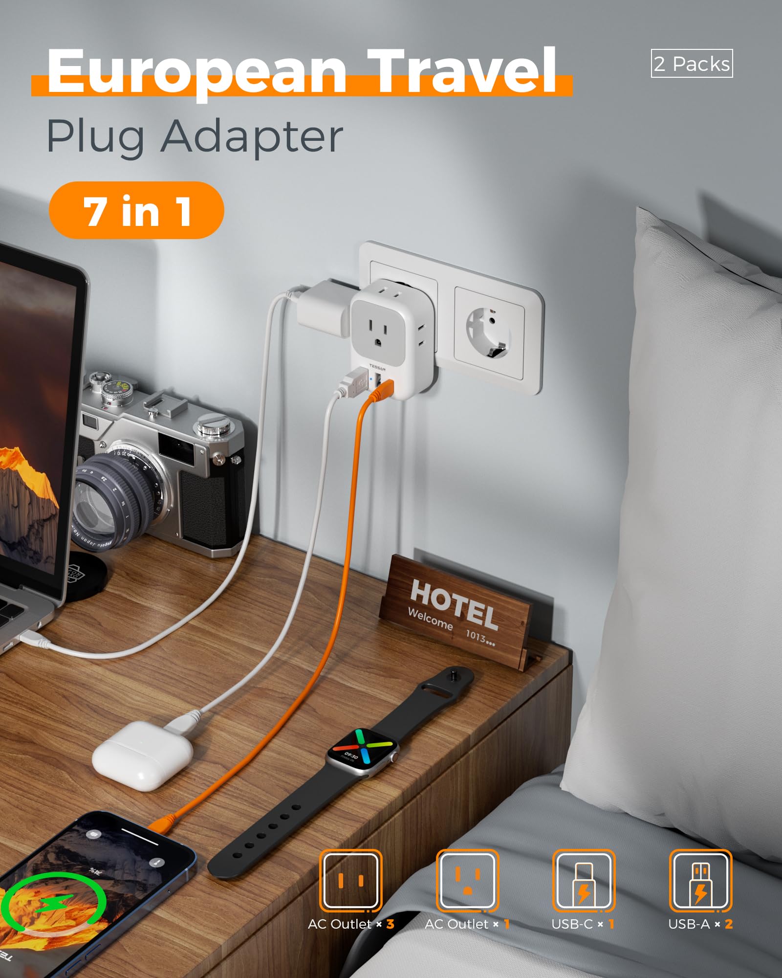 TESSAN adapter held in hand to show compact size and easy portability