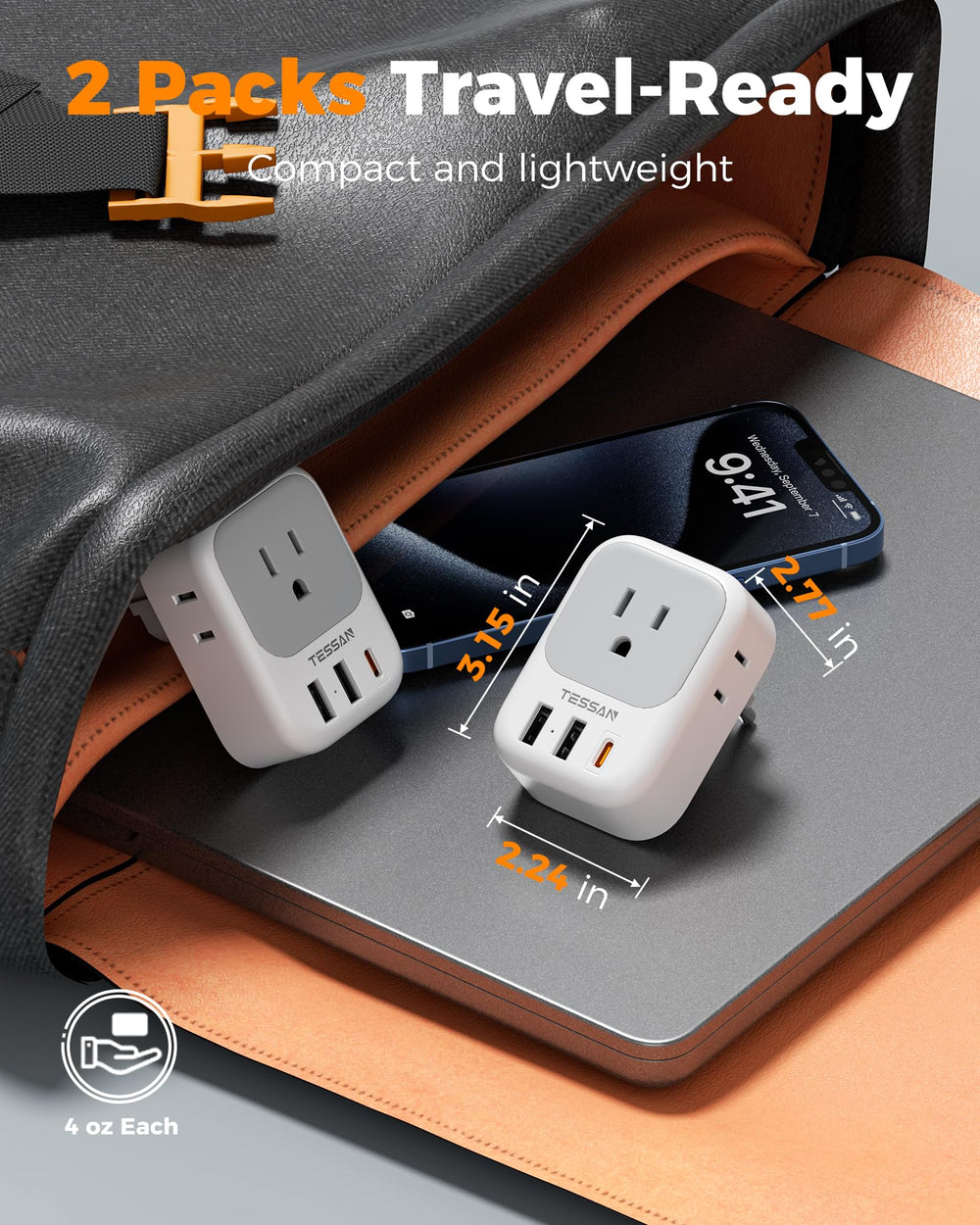 TESSAN plugged into hotel wall socket demonstrating reliable travel use