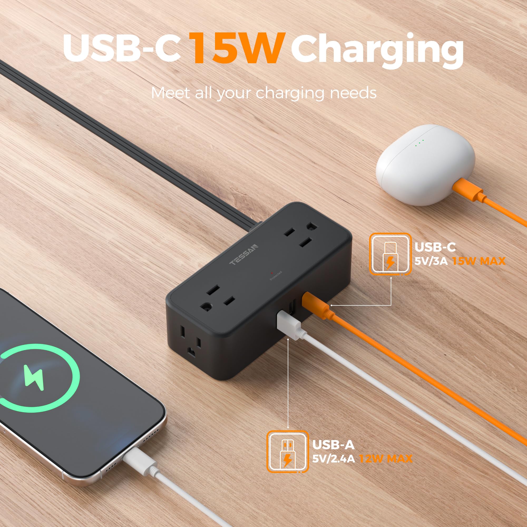 TESSAN cord length scale showing 5 ft cable for flexible outlet placement and routing