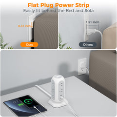 TESSAN flat plug close-up demonstrating ultra-thin head that hides behind furniture for space saving