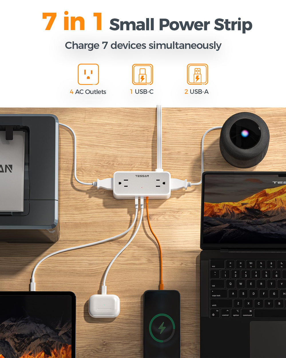 TESSAN flat plug detail close-up, low-profile design reduces tripping