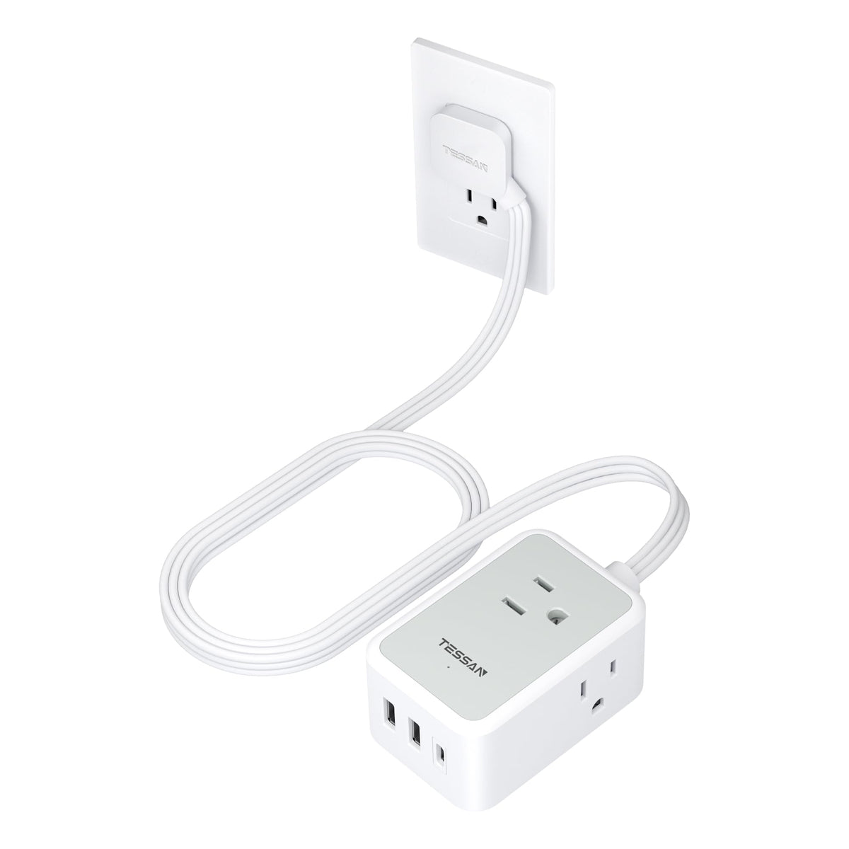 TESSAN front view showing three outlets and three USB ports for compact charging
