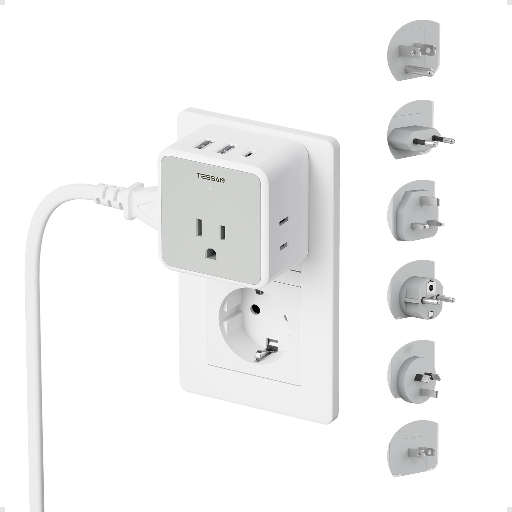 TESSAN front view adapter showing outlets and USB ports for versatile charging