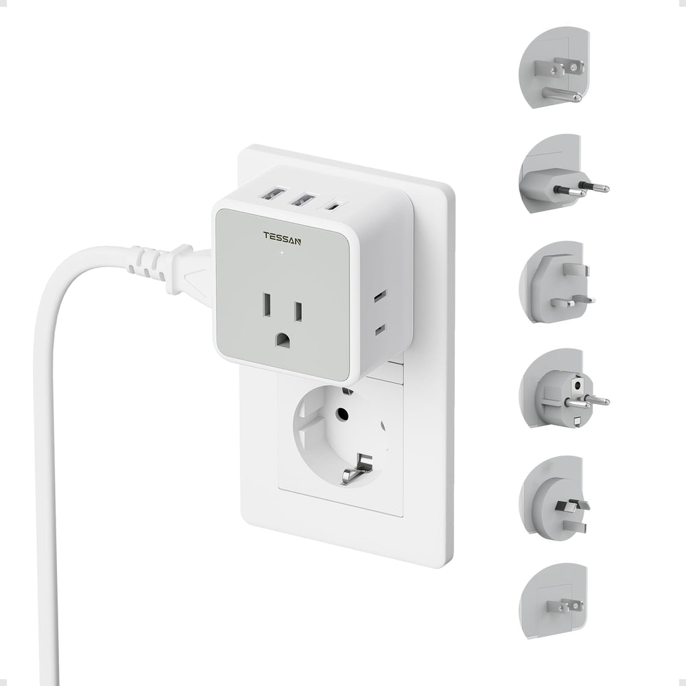 TESSAN front view adapter showing outlets and USB ports for versatile charging