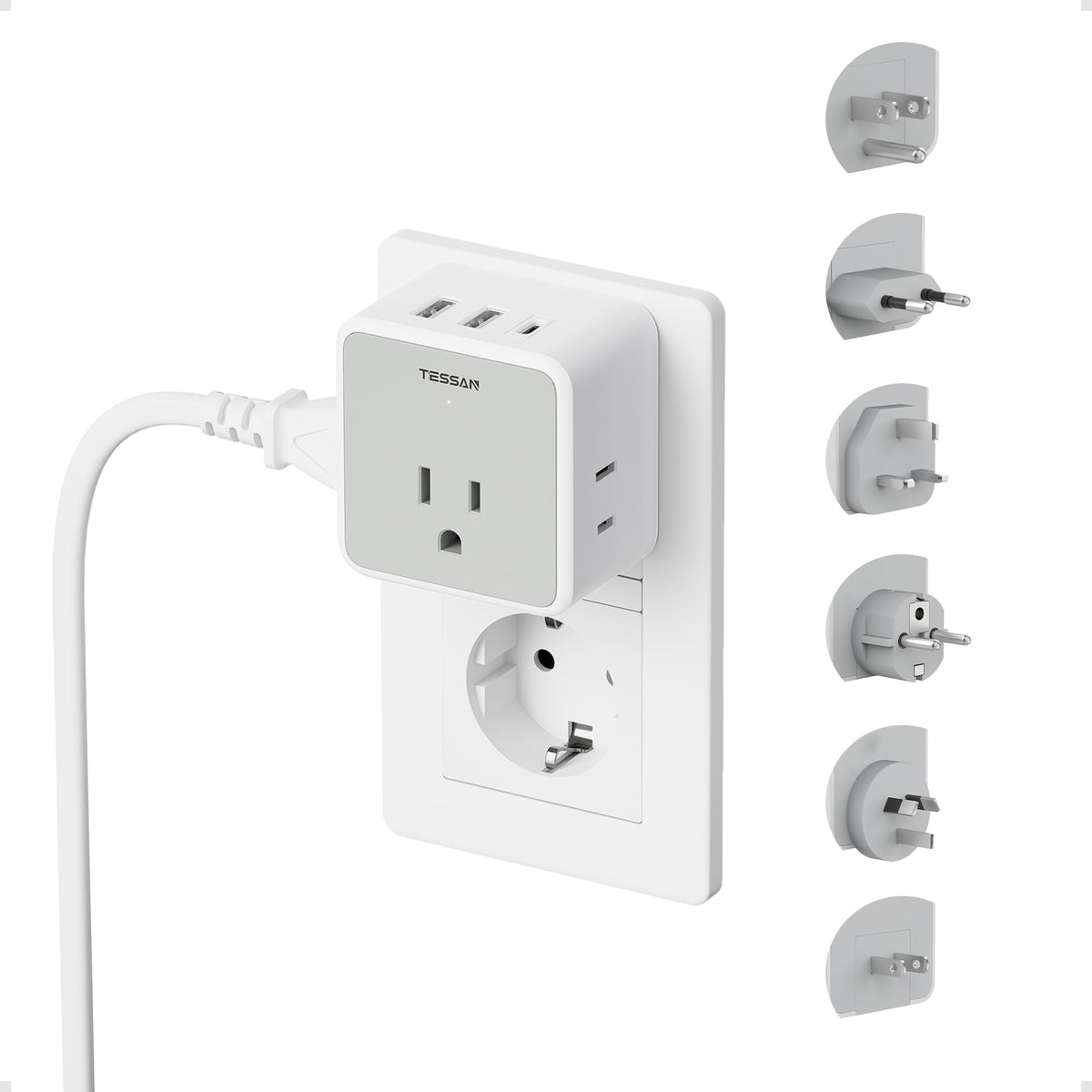 TESSAN front view adapter showing outlets and USB ports for versatile charging