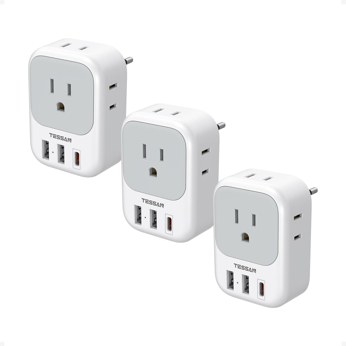 TESSAN front view of 3-pack adapters showing ports and compact design for convenient charging