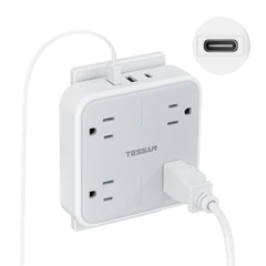 TESSAN front view showing four outlets and three USB ports for versatile charging