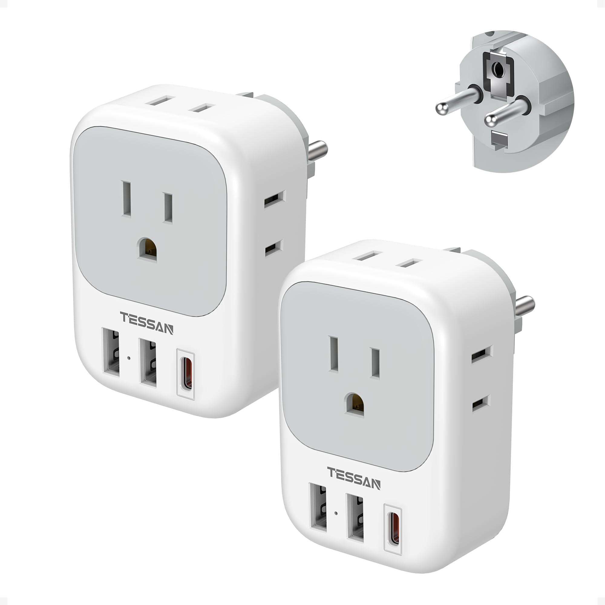 TESSAN front view of adapter pack showing multiple outlets for versatile charging