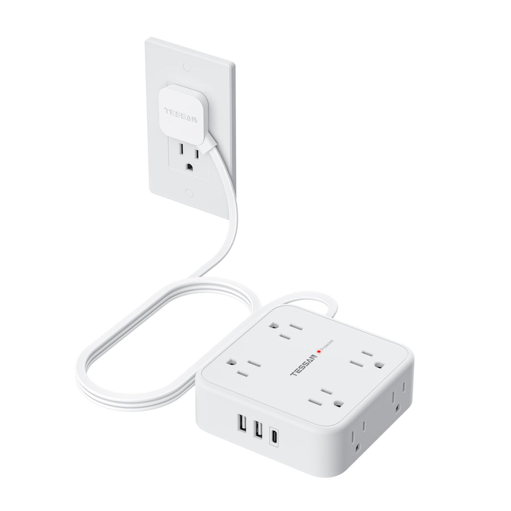 TESSAN front view power strip showing outlets and neat layout benefit