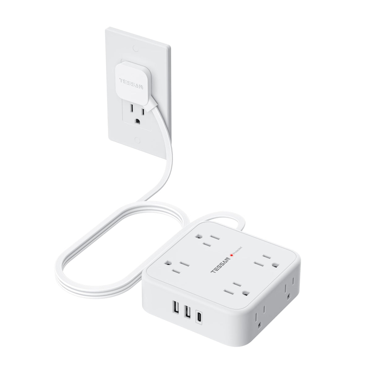 TESSAN front view power strip showing outlets and neat layout benefit