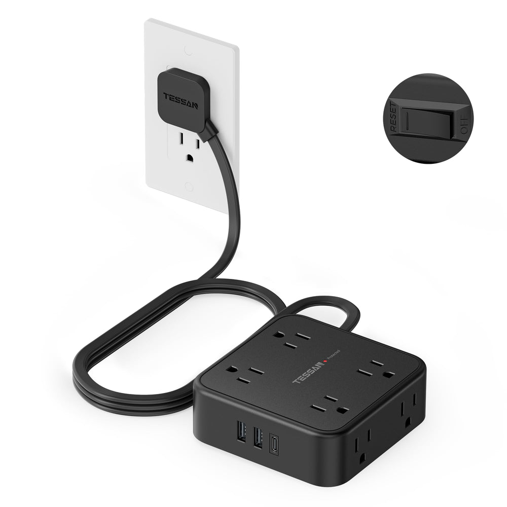 TESSAN front view of power strip showing eight outlets and USB ports, space-saving benefit