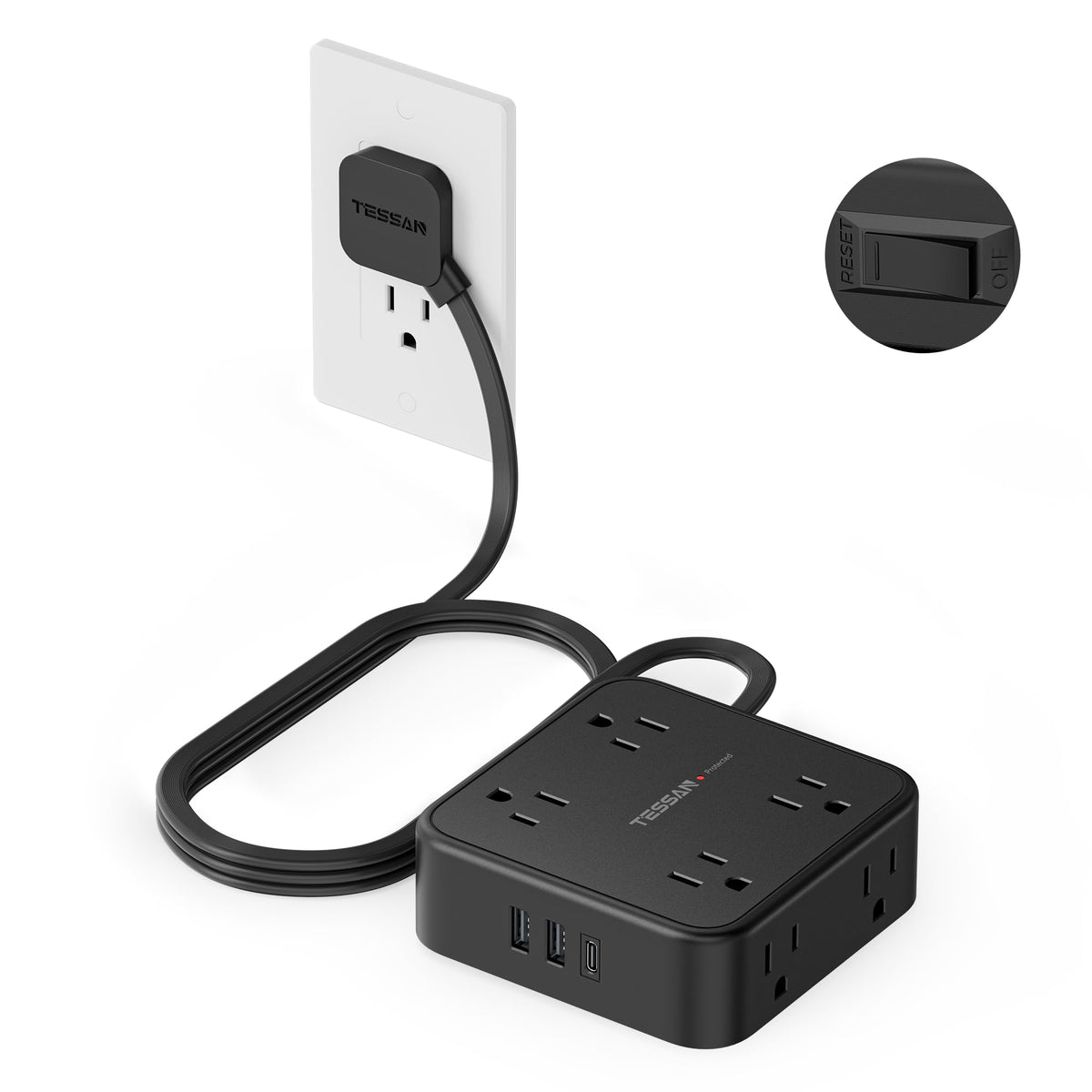 TESSAN front view of power strip showing eight outlets and USB ports, space-saving benefit