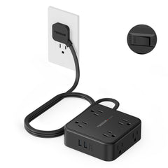 TESSAN front view of power strip showing eight outlets and USB ports, space-saving benefit