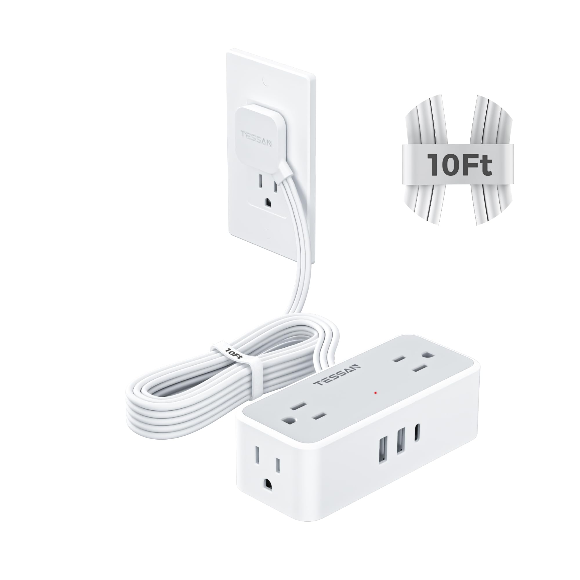 TESSAN front view showing outlets and USB ports, convenient multi-device charging
