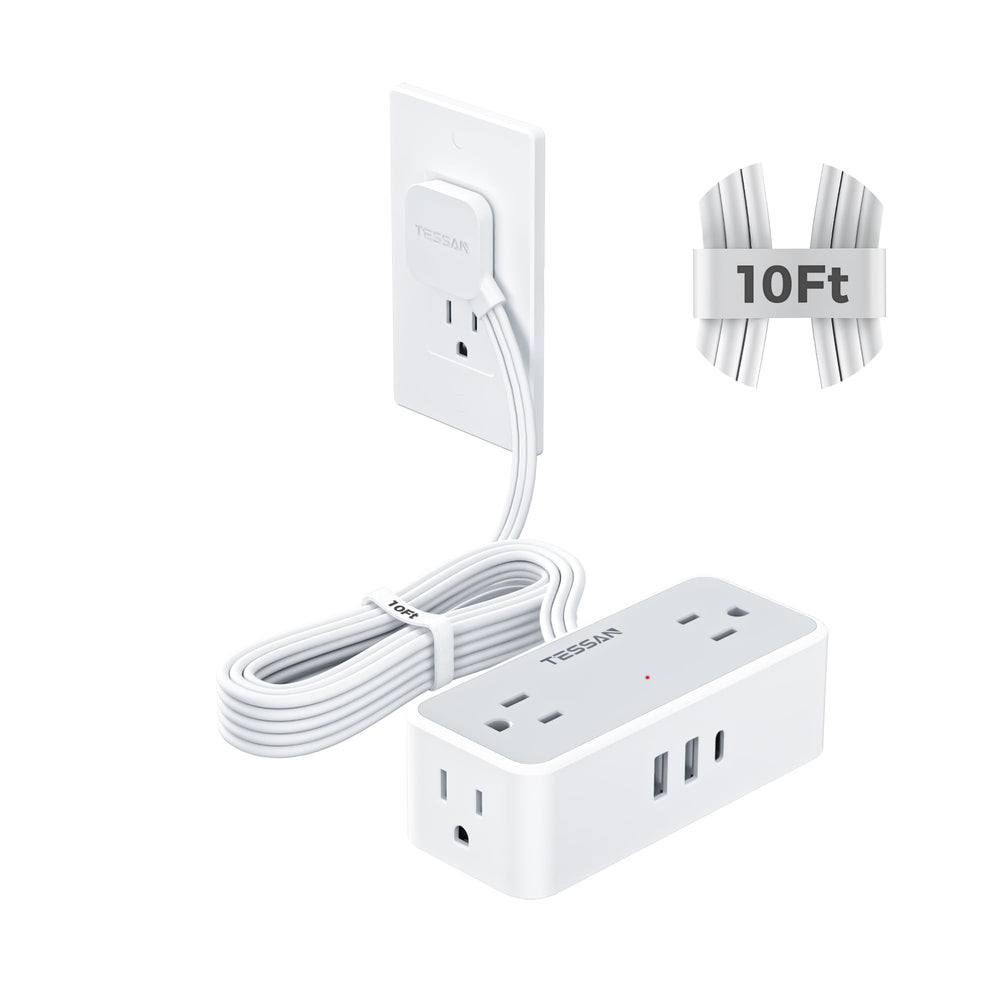 TESSAN front view showing outlets and USB ports, convenient multi-device charging
