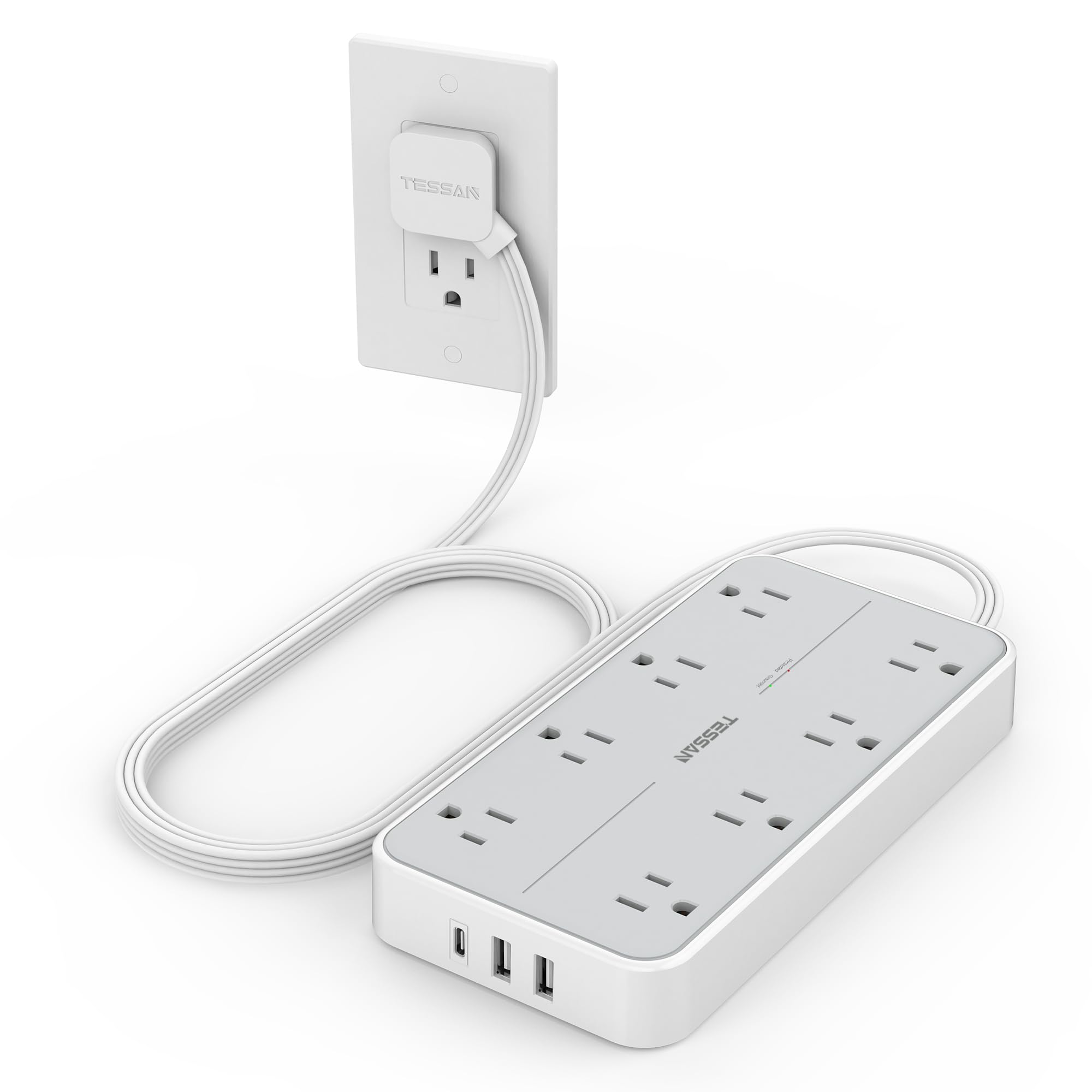 TESSAN front view showing eight AC outlets and three USB ports for versatile charging