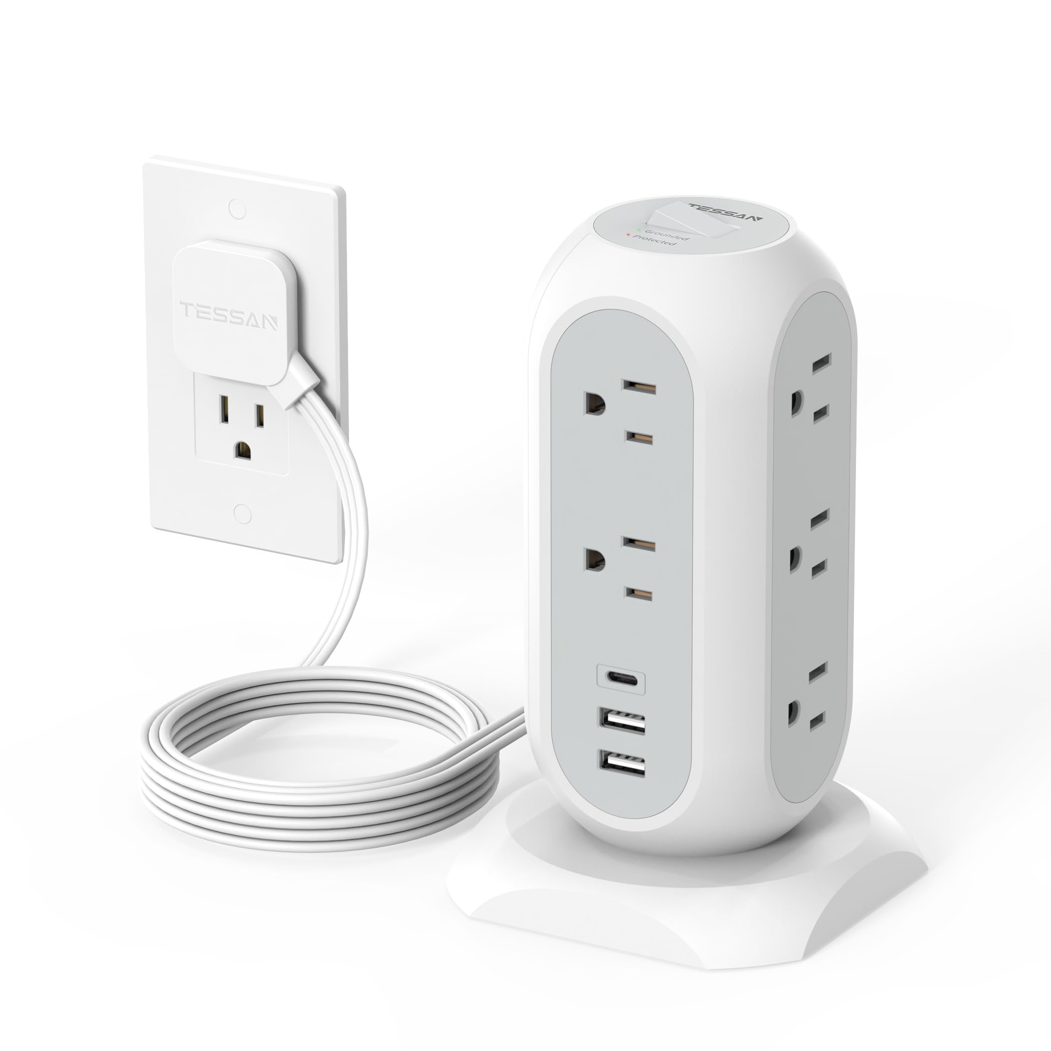 TESSAN front view of tower power strip showing outlets and sleek grey finish for neat setup