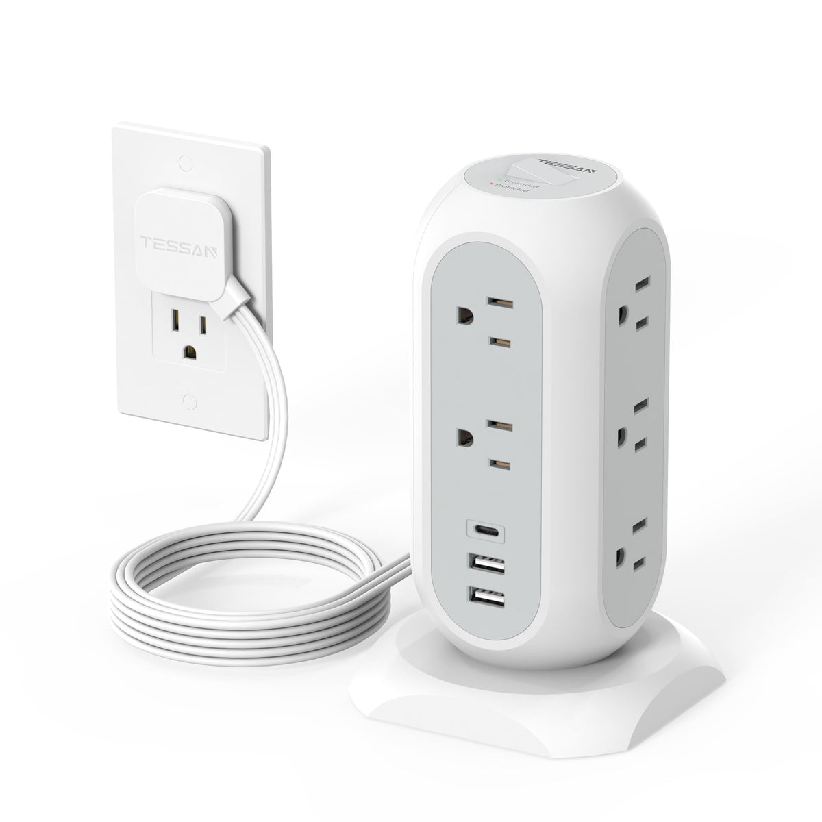 TESSAN front view of tower power strip showing outlets and sleek grey finish for neat setup
