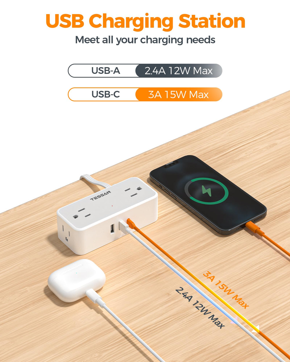 TESSAN 10 ft cord laid out across floor, extended reach for distant outlets