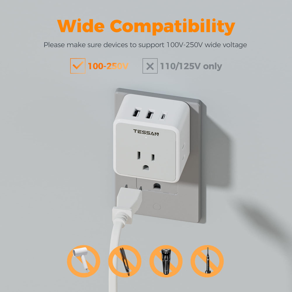 TESSAN on hotel bedside table powering devices during travel for convenience