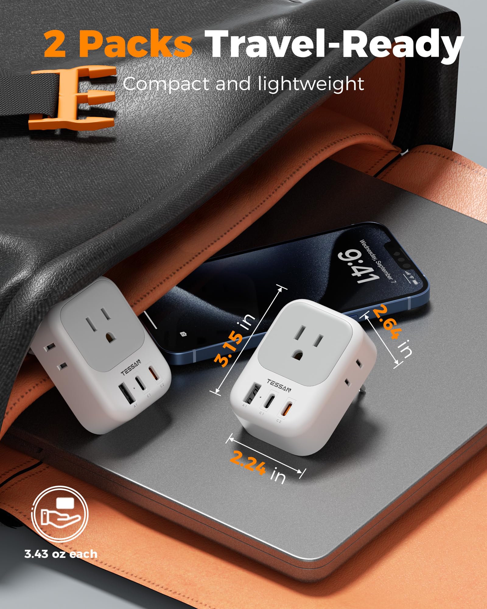 TESSAN plugged into hotel EU socket charging multiple devices in travel setup