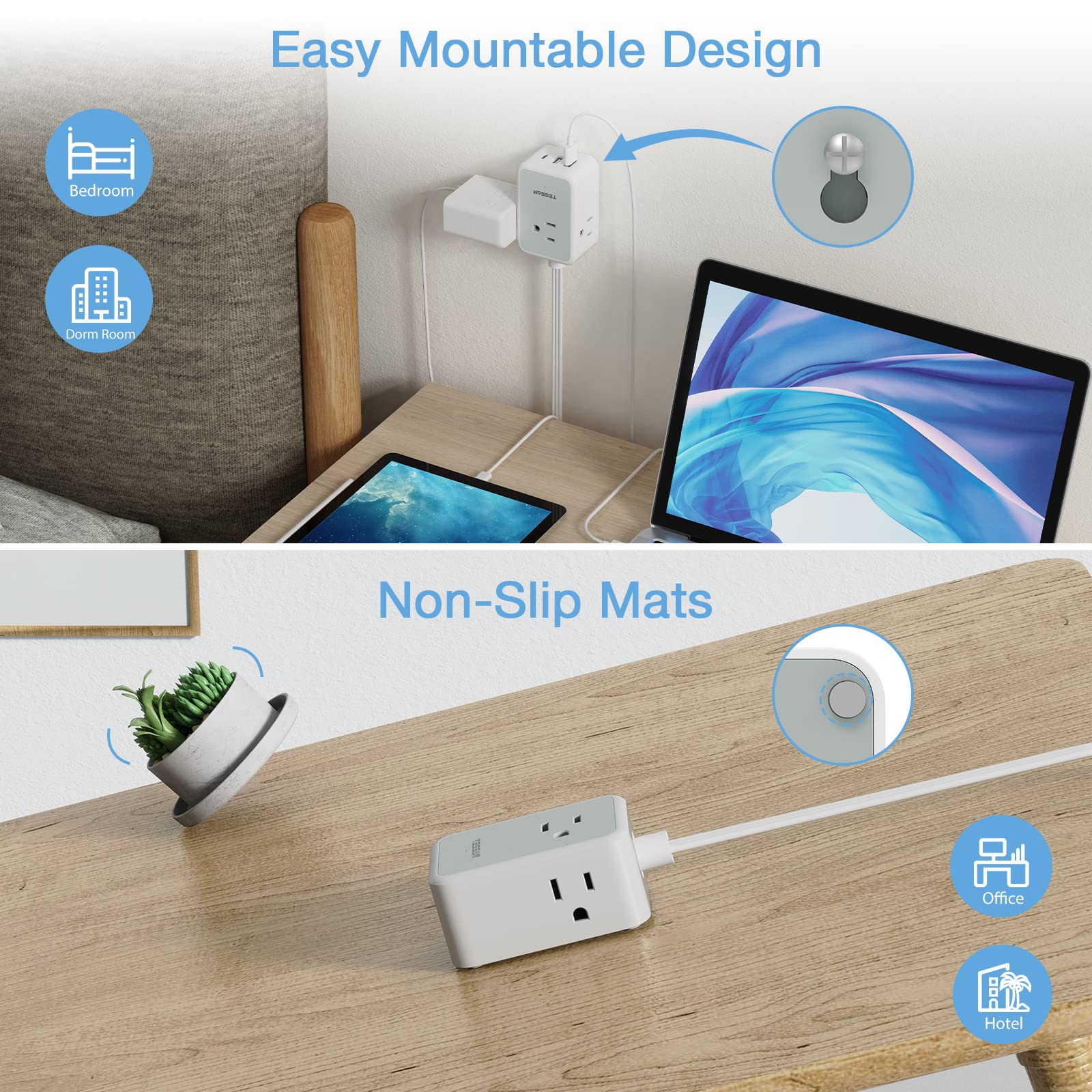 TESSAN port label detail highlighting USB-A and USB-C fast-charging options
