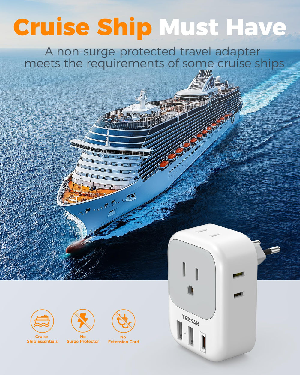 TESSAN product label close-up showing power ratings and important usage information