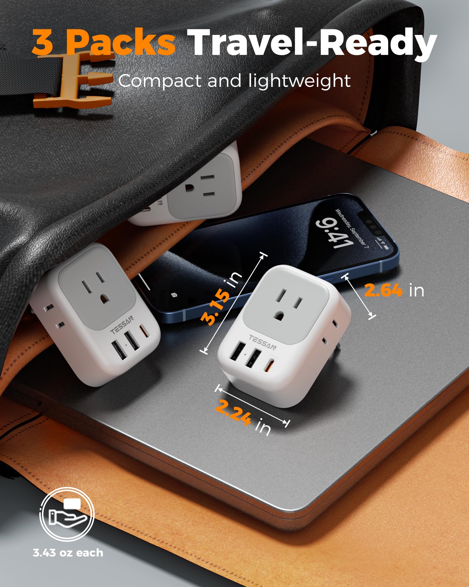 TESSAN adapters packed inside a travel bag ready for family trips and multi-device charging