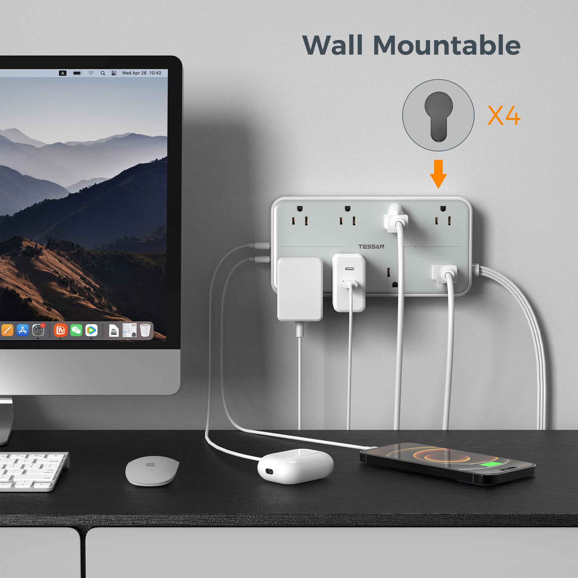 TESSAN on a desk charging laptop and phone to organize workspace power needs