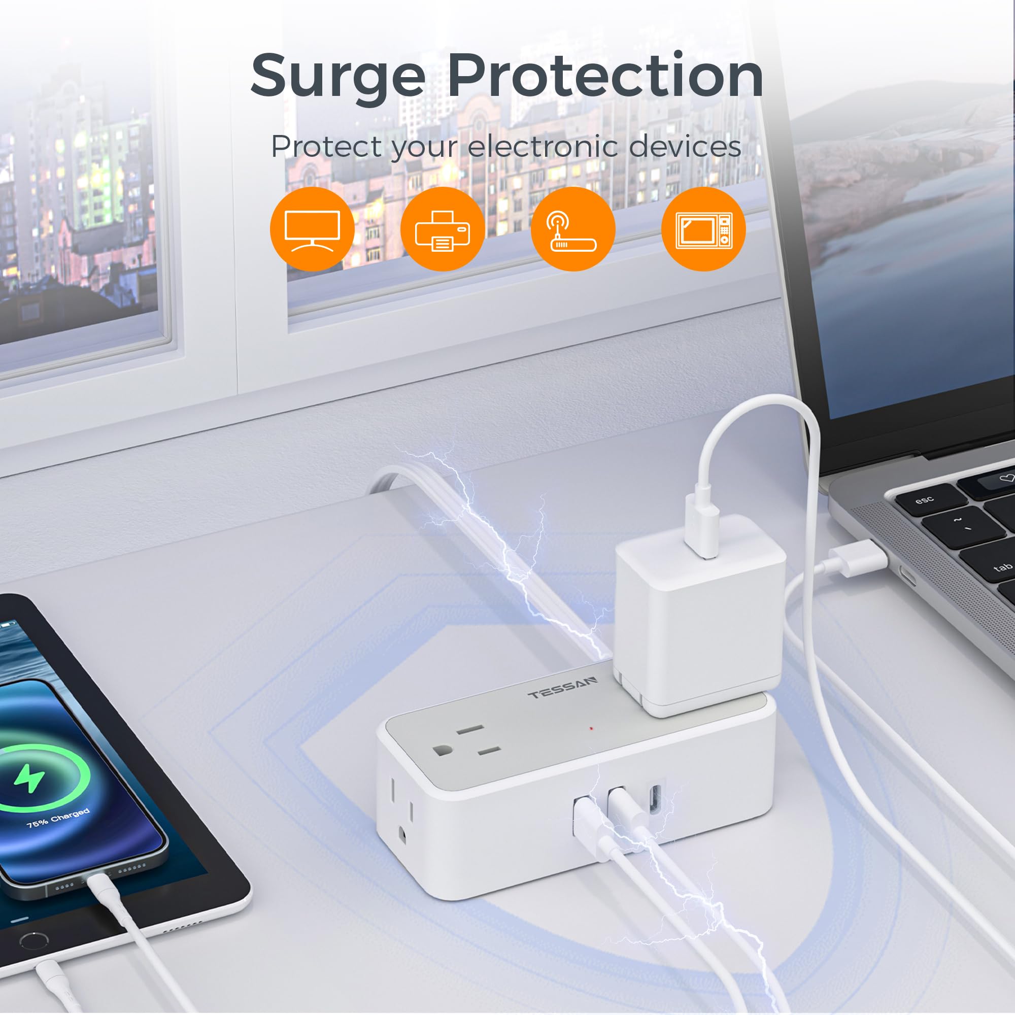 TESSAN placed on nightstand powering lamp and phone for convenient bedside charging
