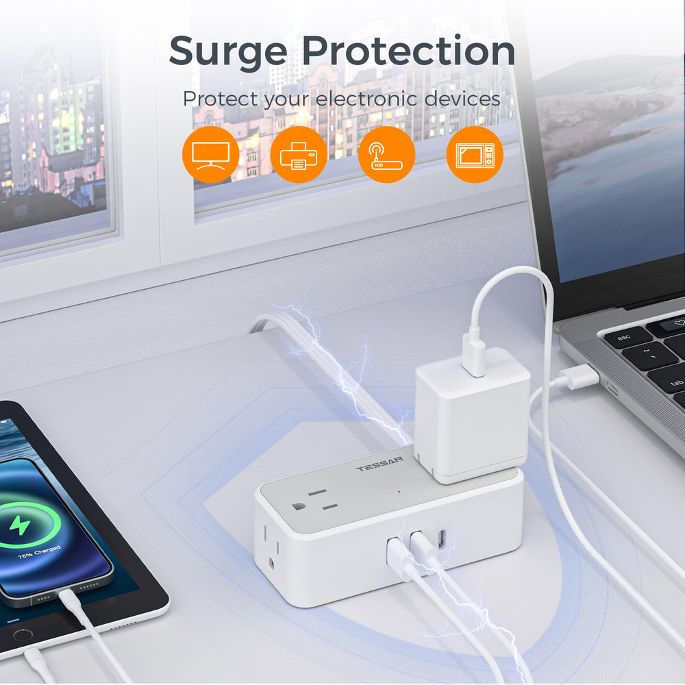 TESSAN placed on nightstand powering lamp and phone for convenient bedside charging