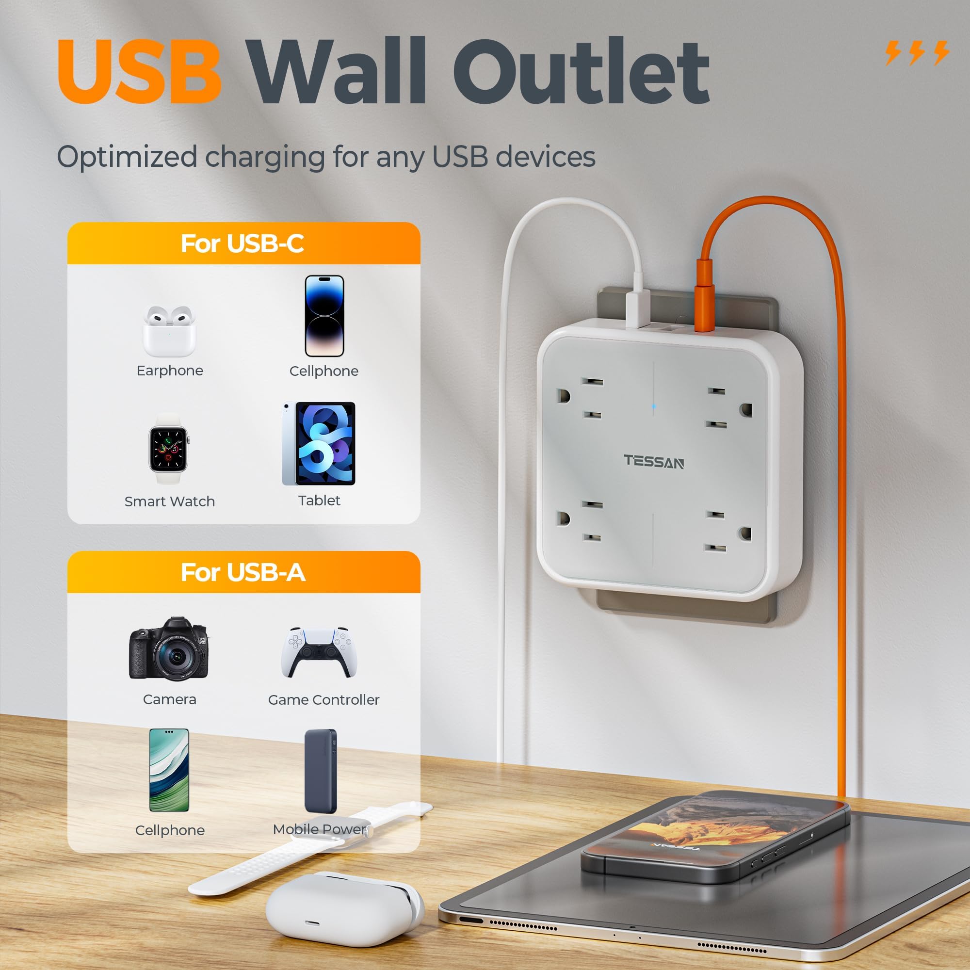 TESSAN powering bulky adapters simultaneously to prevent outlet blocking