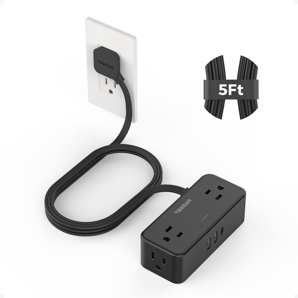 TESSAN power strip front view showing outlets and modern compact design for space saving