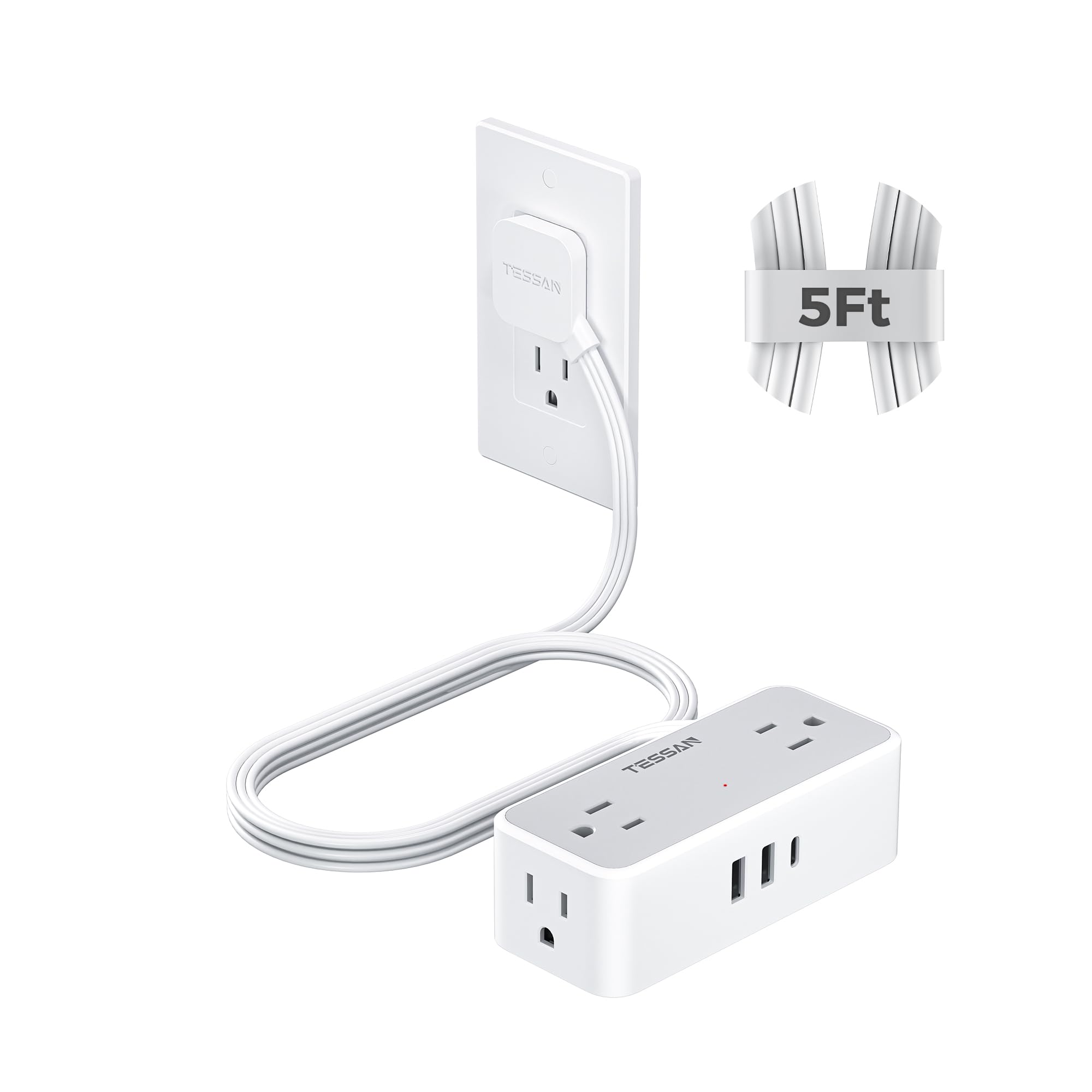TESSAN front view showing outlets and USB ports with organized power benefits