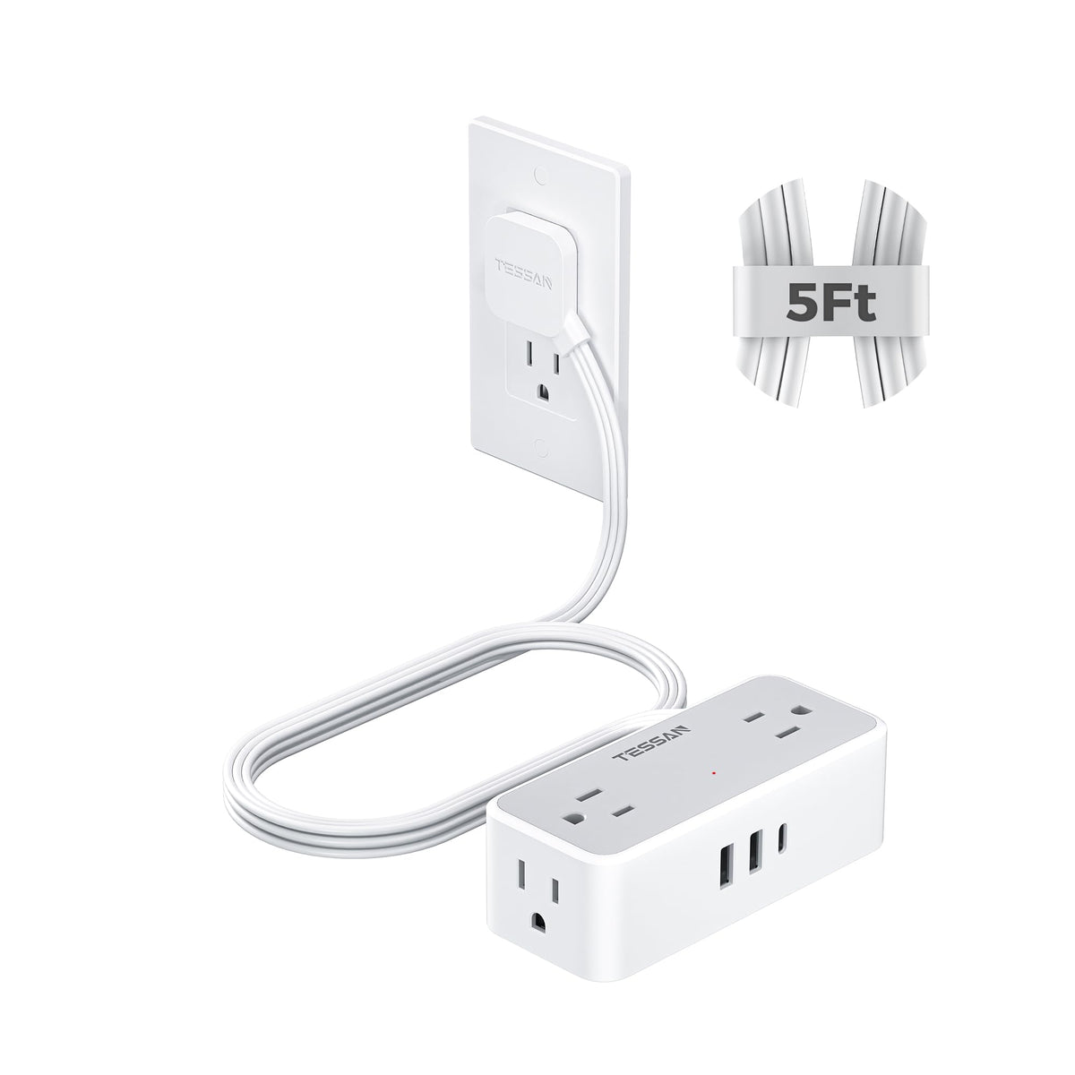 TESSAN front view showing outlets and USB ports with organized power benefits