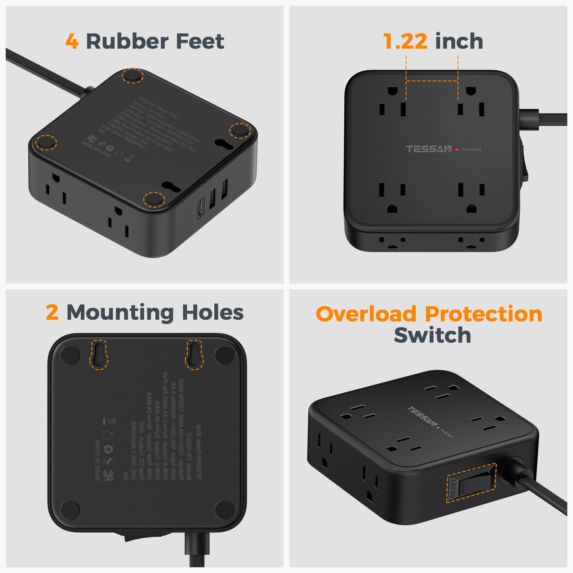 TESSAN next to a smartphone for scale showing compact size and multiple charging options