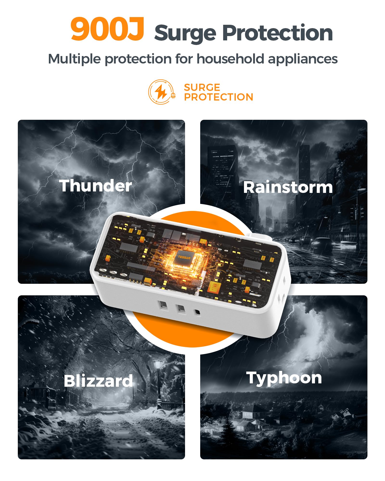 TESSAN surge protection label detail, safeguards devices from voltage spikes